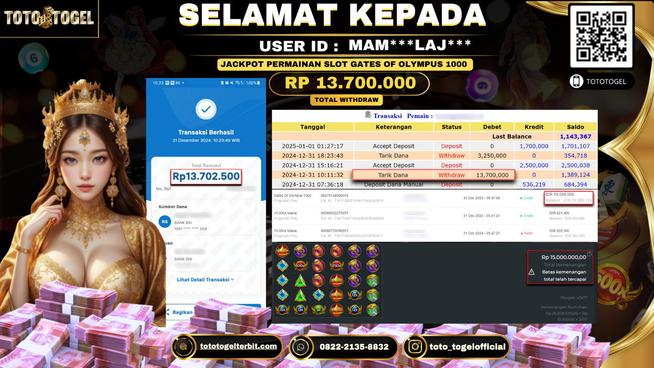 Bukti Pembayaran Jackpot  Permainan Slot Gates Of Olympus 1000  : MAM***LAJ*** LUNAS