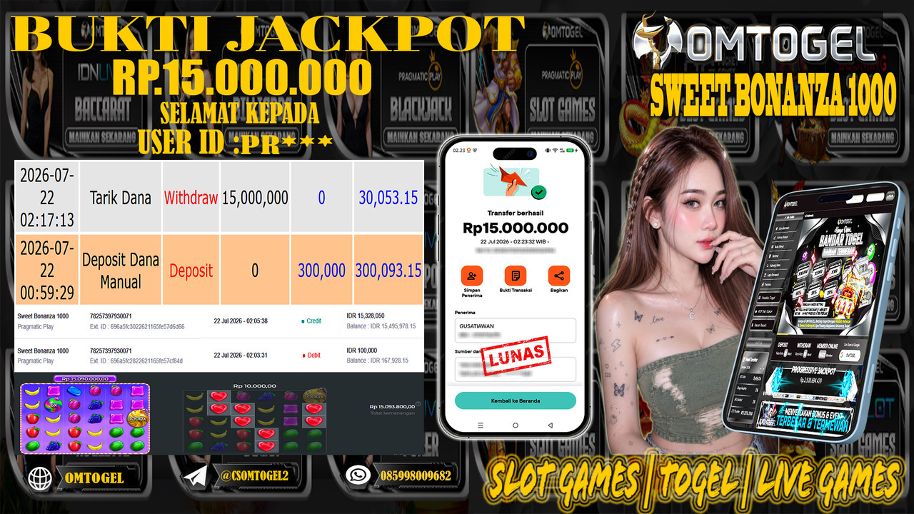 OMTOGEL JACKPOT PRAGMATICPLAY SWEET BONANZA 1000  Rp,15,000,000,- DIBAYAR LUNAS