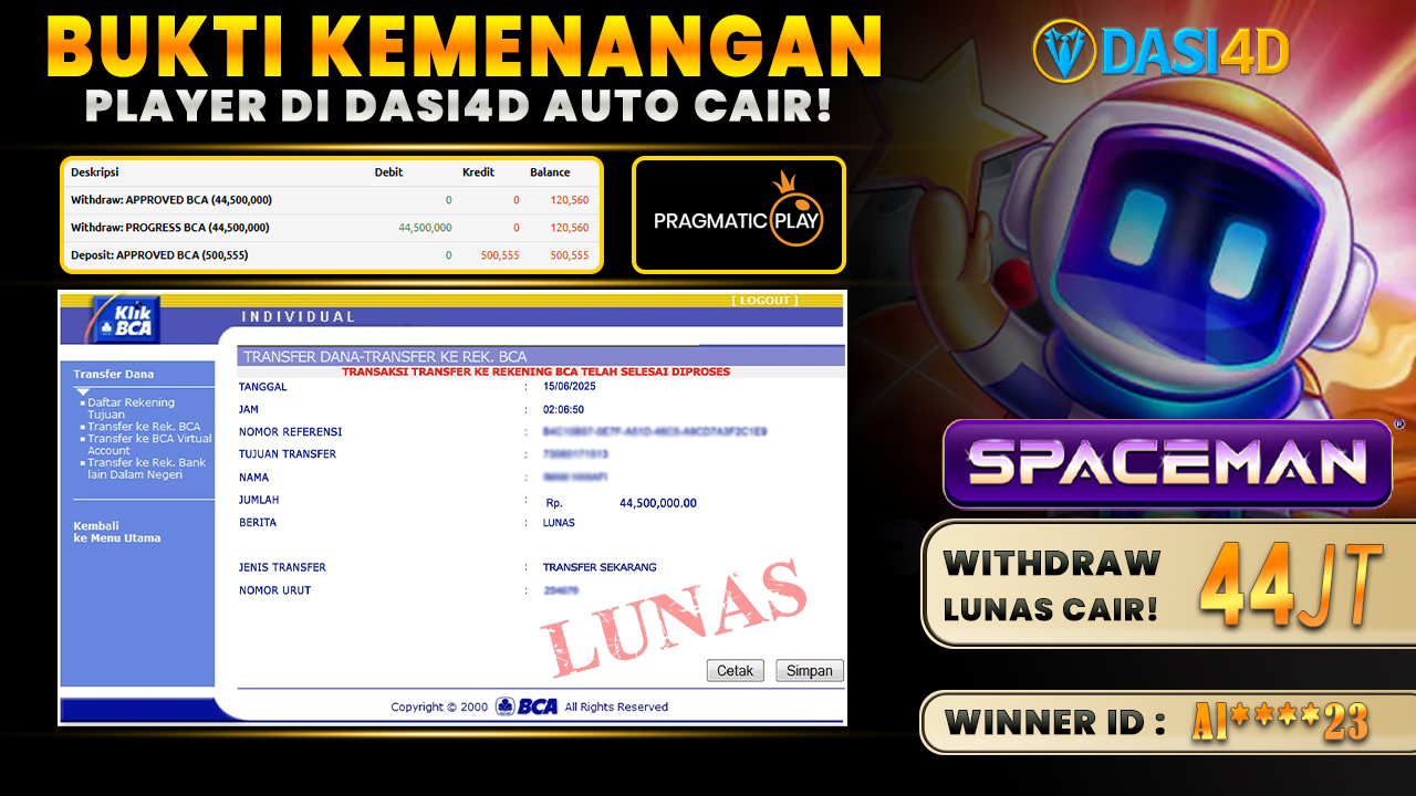 BUKTI KEMENANGAN 15 JUNI 2025 DI SPACEMAN WD 44 JUTA