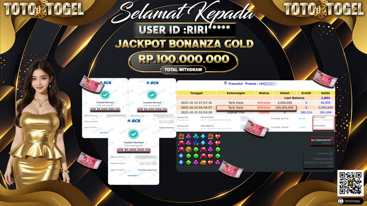 Bukti Pembayaran Jackpot Permainan Slot Bonanza Gold  ID:RIRI**** LUNAS