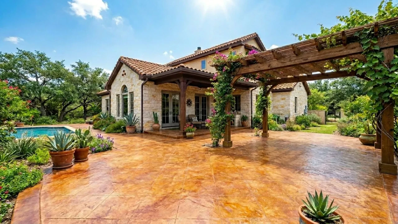 Stained concrete patio at a San Antonio home under bright Texas sun