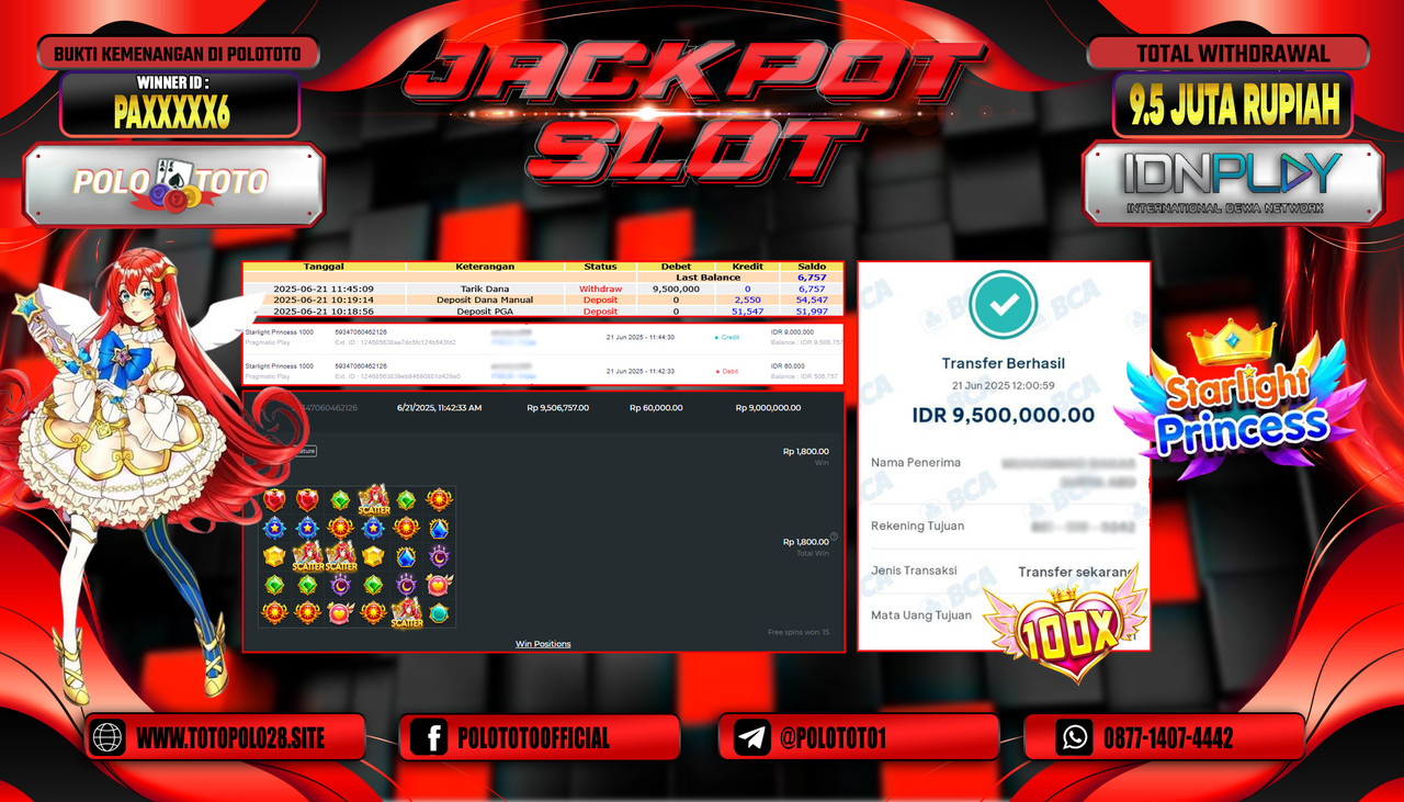 POLOTOTO JACKPOT SLOT STARLIGHT PRINCESS 1000 Rp.9.500.000,- LUNAS