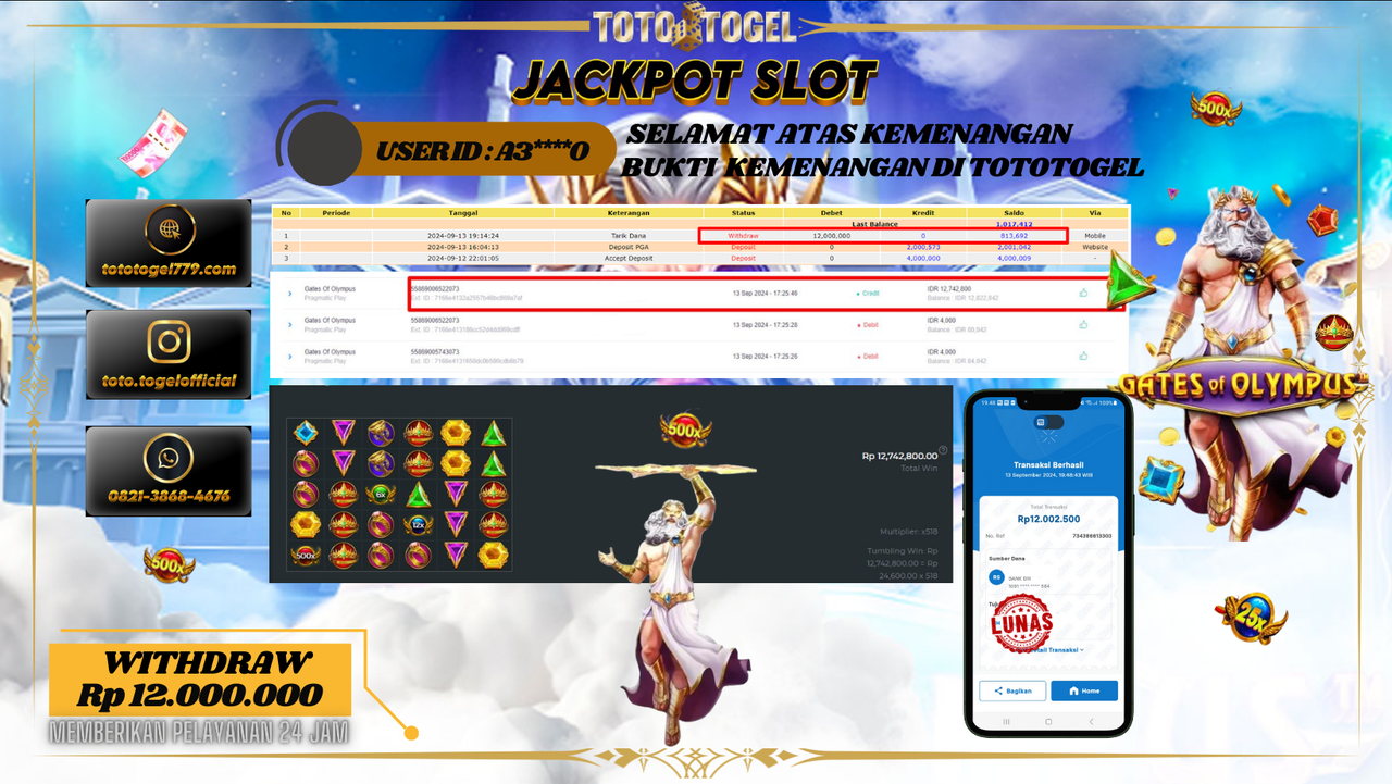 Bukti Kemenangan Permainan Slot Gates Of Olympus  Dengan ID : A3***0 Terbayar Lunas!!