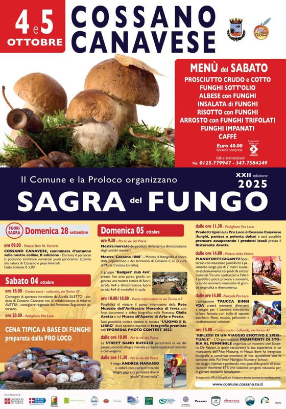 Cossano Canavese (To): Sagra del Fungo, Sabato 4 e domenica 5 ottobre 2025