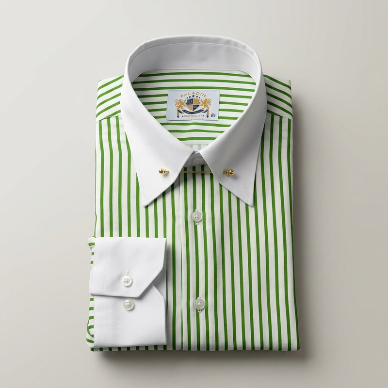 Crisp white slim-fit dress shirt with spread collar on wooden hanger