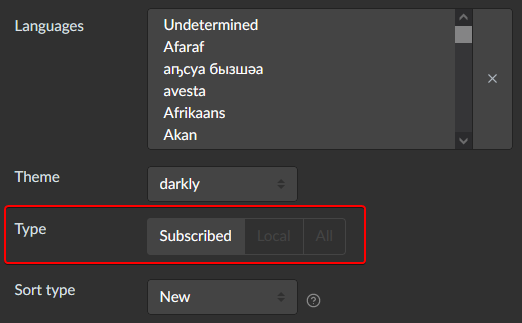 A section of Lemmy's user settings. 'Type' and the options, 'Subscribed', 'Local', and 'All' are in a red outlined box.