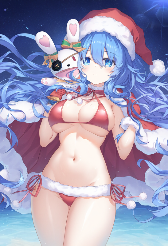 1girl, yoshino (date a live), blue eyes, blue hair, large breasts, santa bikini, s-2194245604