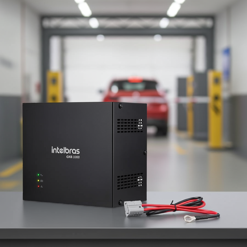 Nobreak Intelbras GNB 1000 instalado próximo a um portão eletrônico