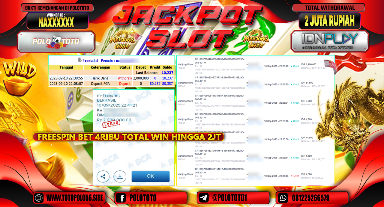 POLOTOTO JACKPOT SLOT MAHJONG WAYS Rp.2.000.000,-
