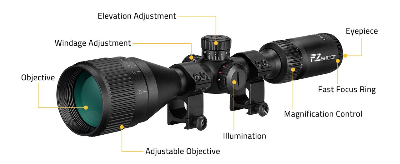 Close-up view of the EZSHOOT Mil-dot Reticle 2.5-10x50 AO scope's turrets and adjustable objective