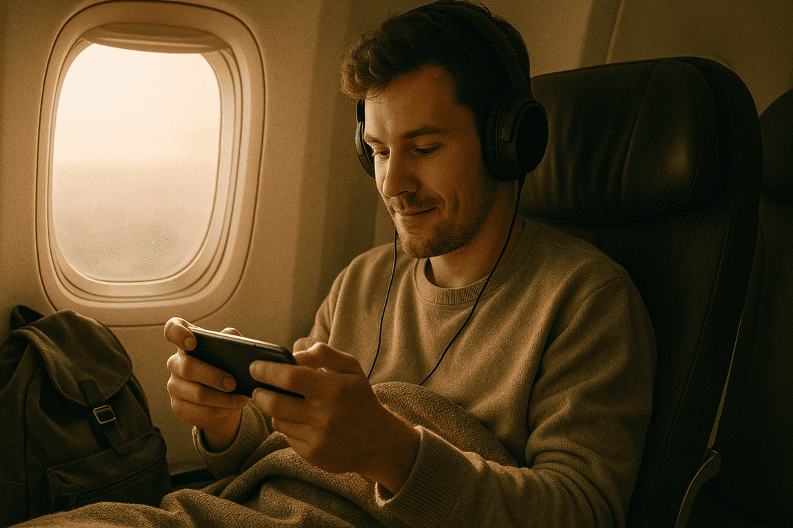 Пассажир в самолете играет на смартфоне в наушниках
