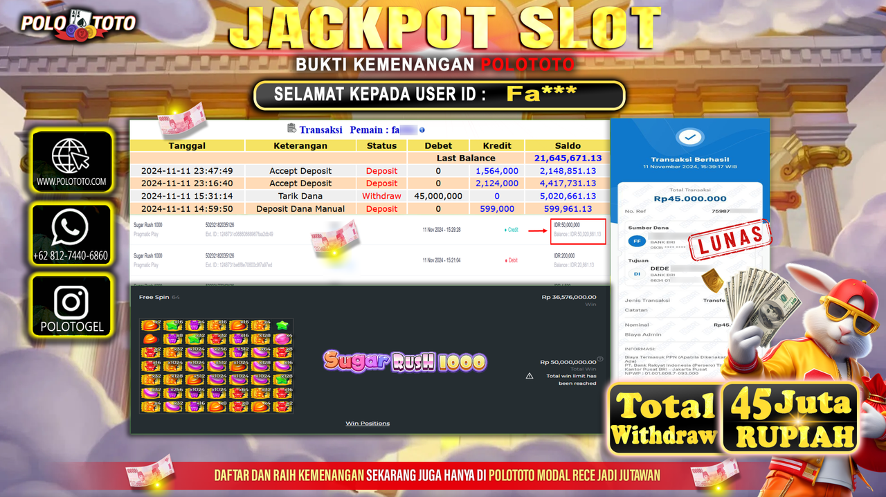 POLOTOTO JACKPOT SLOT SUGAR RUSH 1000 Rp.45.000.000,- 