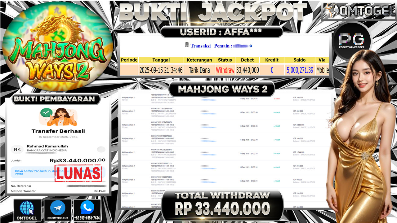 OMTOGEL JACKPOT PGSOFT MAHJONG WAYS 2 33 JUTA DI BAYAR LUNAS ,-