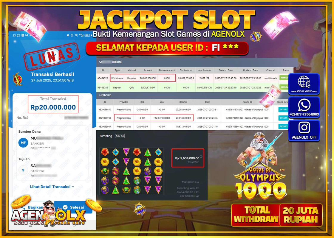 AGENOLX JACKPOT  SLOT GATES OF OLYMPUS 1000  Rp 20.000.000,- LUNAS