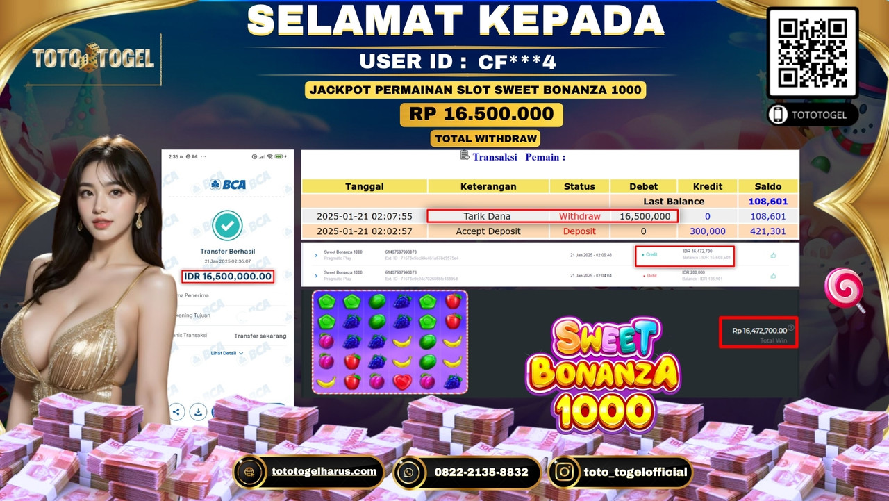 Bukti Pembayaran Jackpot  Permainan Slot Sweet Bonanza 1000  ID:CF****4  LUNAS
