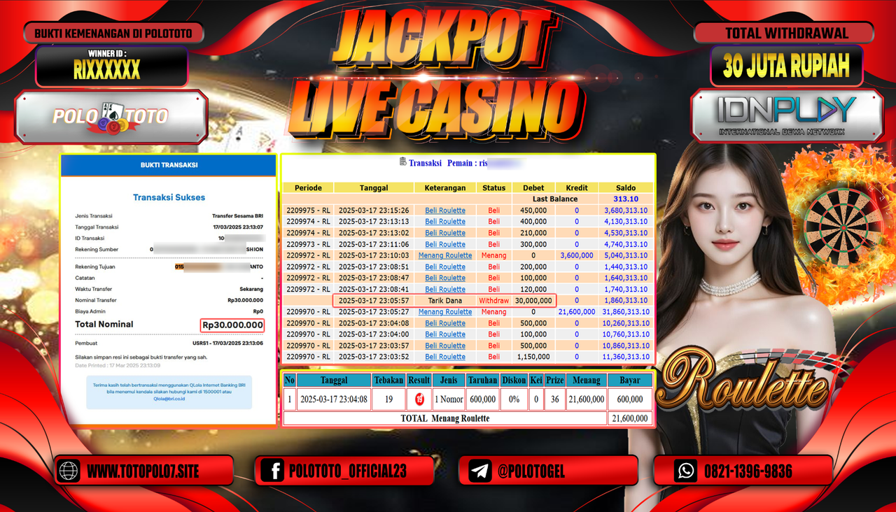 POLOTOTO JACKPOT LIVE CASINO ROULETTE Rp.30.000.000,-