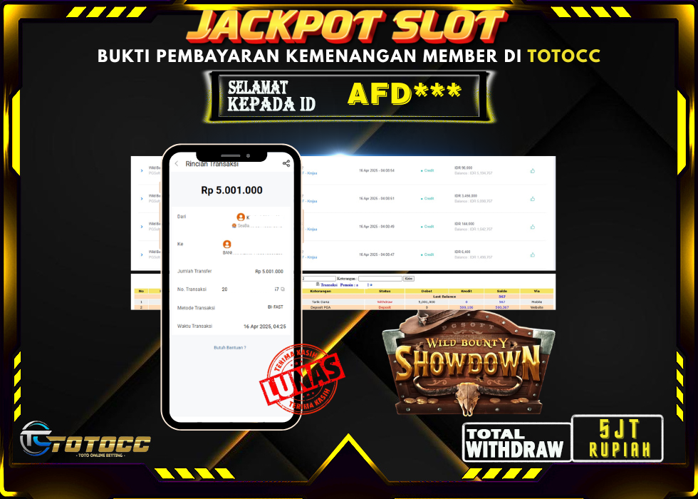 TOTOCC JACKPOT SLOT GAME WILD BOUNTY SHOWDOWN Rp 5.001.000,- LUNAS