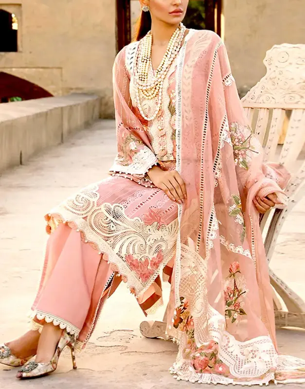 Luxury Schiffli Embroidered Lawn Suit 3-Pc | Heavy 4-Side Embroidered Chiffon Dupatta