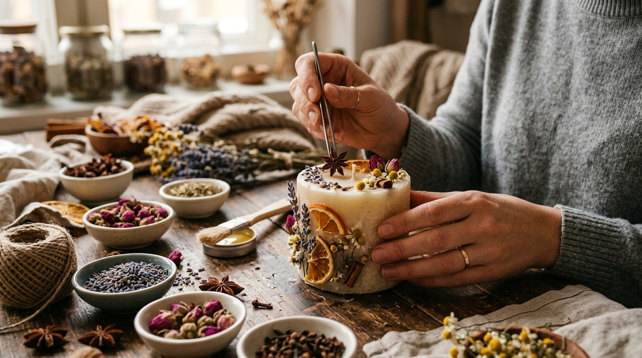 Процесс декорирования свечи сухоцветами и специями