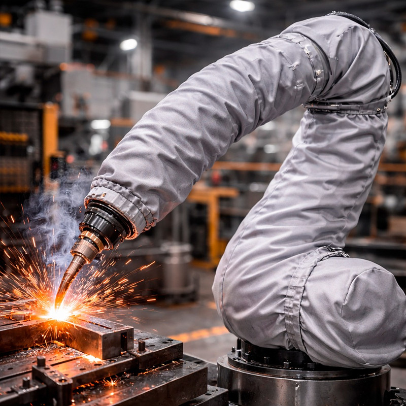 Cubierta protectora para brazo robótico utilizada en un entorno industrial de soldadura