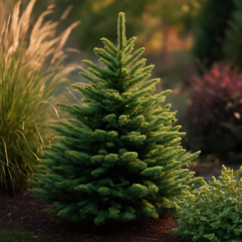 Пихта Нордмана в ландшафтной композиции с другими растениями