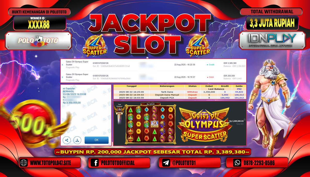 POLOTOTO JACKPOT SLOT GATES OF OLYMPUS SUPER SCATTER Rp.3.300.000,- LUNAS