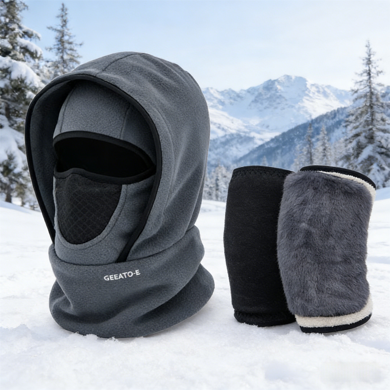 Windproof Thermal Rider Protection Set - 2 Pack Faux Rabbit Fur Knee Braces & Grey Fleece Balaclava Hood Outdoor Sports Warmth Bundle