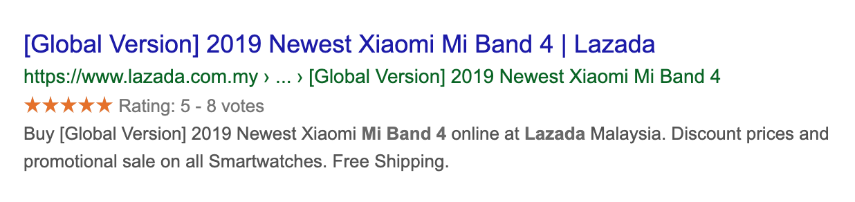 Structured data for Xiaomi Mi Band 4 on Lazada