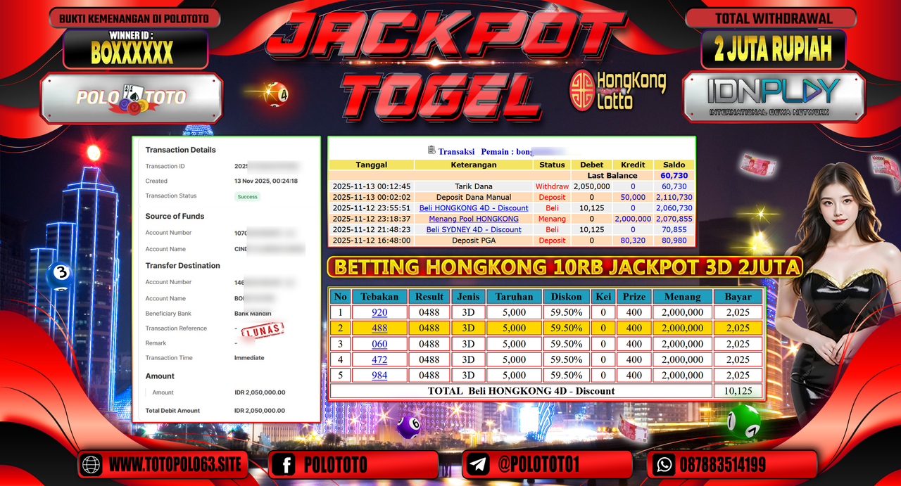 POLOTOTO JACKPOT TOGEL MENANG HONGKONG LOTTO Rp.2.000.000,- LUNAS