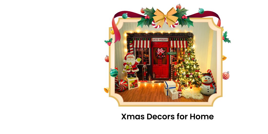 Christmas decorations at home featuring Christmas tree adorned with ornaments and surrounded by santa cutout & beautifully wrapped gifts