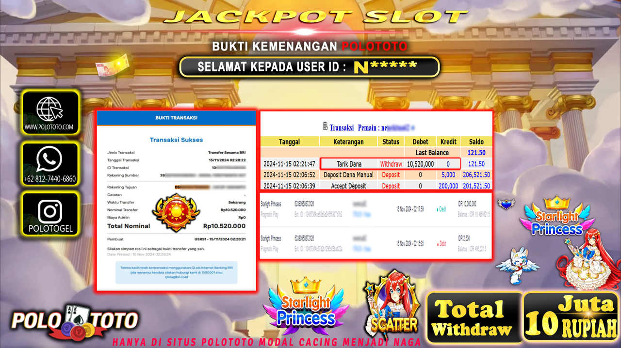 POLOTOTO JACKPOT SLOT STARLIGHT PRINCESS Rp.10.520.000,- 