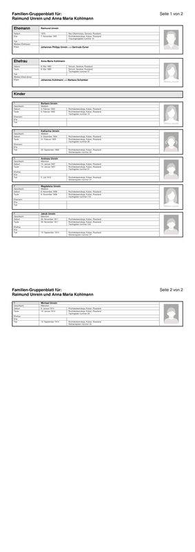Familien Gruppenblatt von Raimund Unrein und Anna Maria Kohlmann