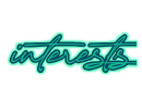 teal cursive text tht reads, "interests".