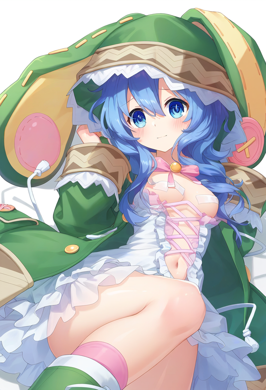 1girl, yoshino (date a live), blue hair, blue eye, Green Coat, animal hood down, s-1579087039