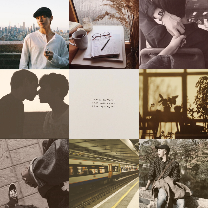 a nine by nine grid of various images of boys kissing, nature, a subway, kim taehyung and kim namjoon
