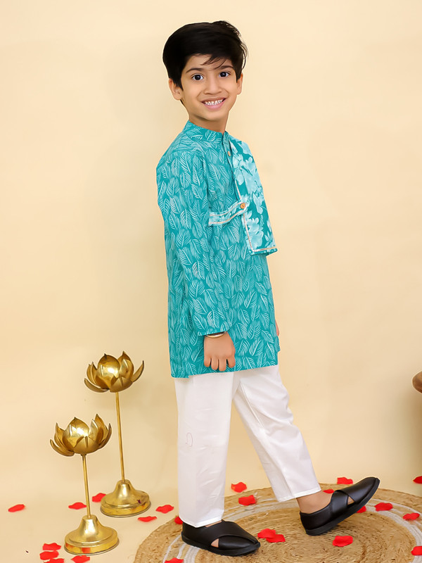 Cotton Leaf Printed Kurta Pyjama Set Full sleeves Kurta Pajama Set For Boys - Picture 8 of 27