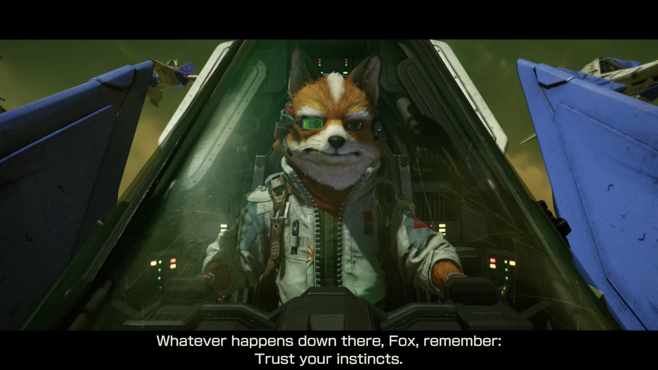 Fox in Arwing while getting a pep talk from Peppy. 
