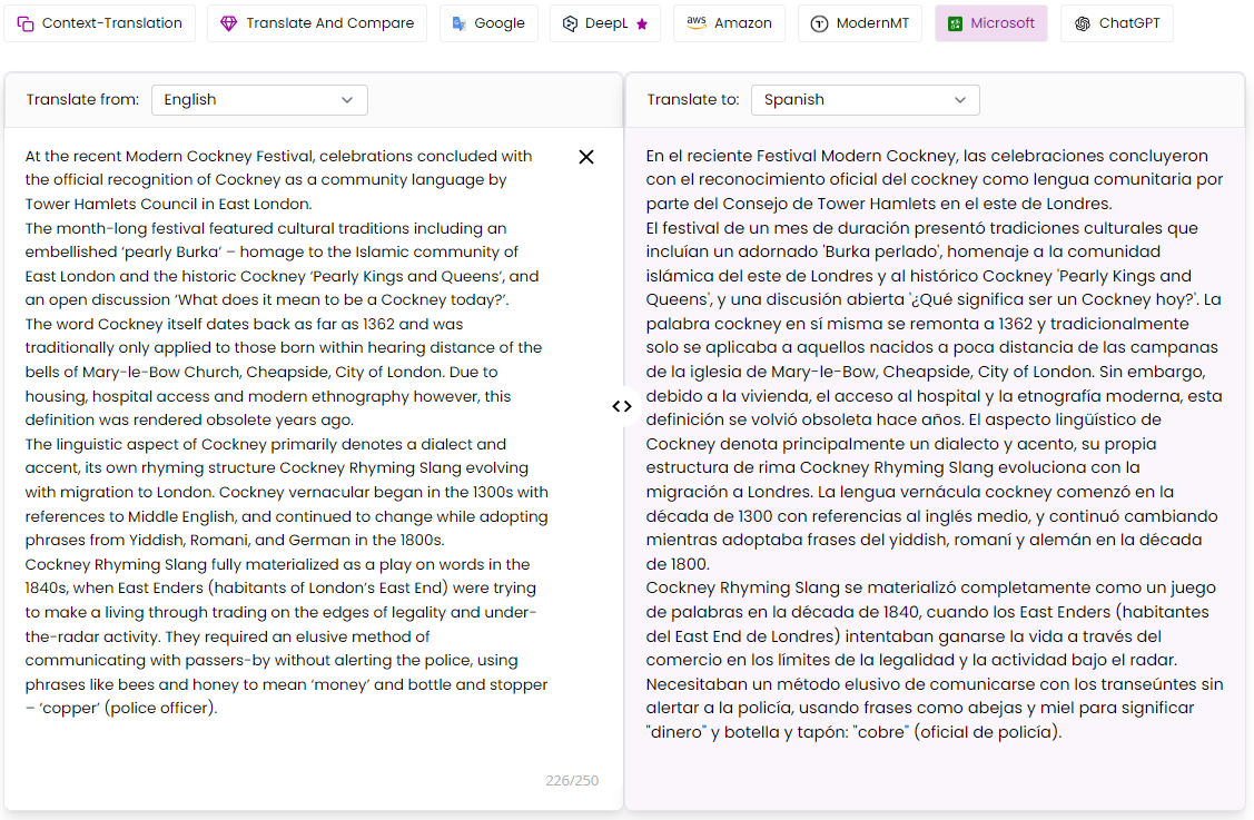 English to Spanish Translation of Microsoft Translator