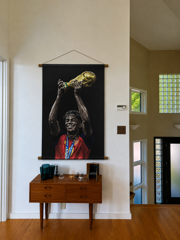 lamine yamal fabric flag hanging on a wall