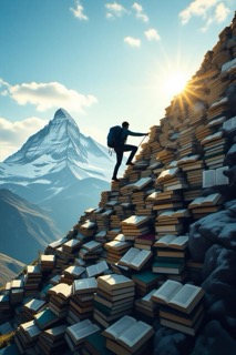 A man climbing a mountain made of stacked books, with light breaking through the clouds behind him — metaphor for conquering the most challenging chapter in writing.