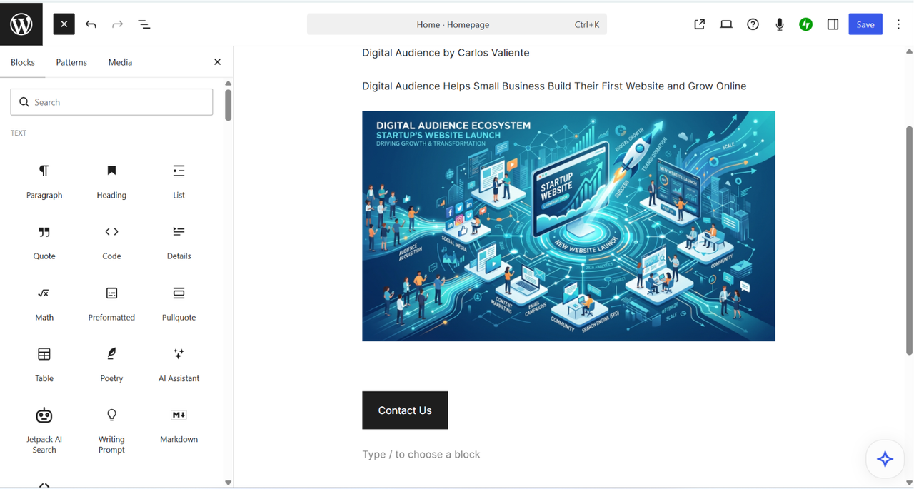 Small business homepage built in the WordPress.com block editor with heading, paragraph, image, and call-to-action button