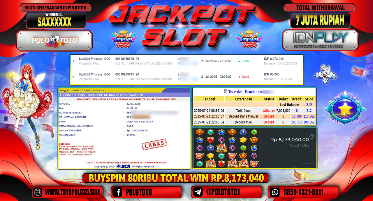 POLOTOTO JACKPOT SLOT STARLIGHT PRINCESS 1000 Rp.7.000.000,- LUNAS