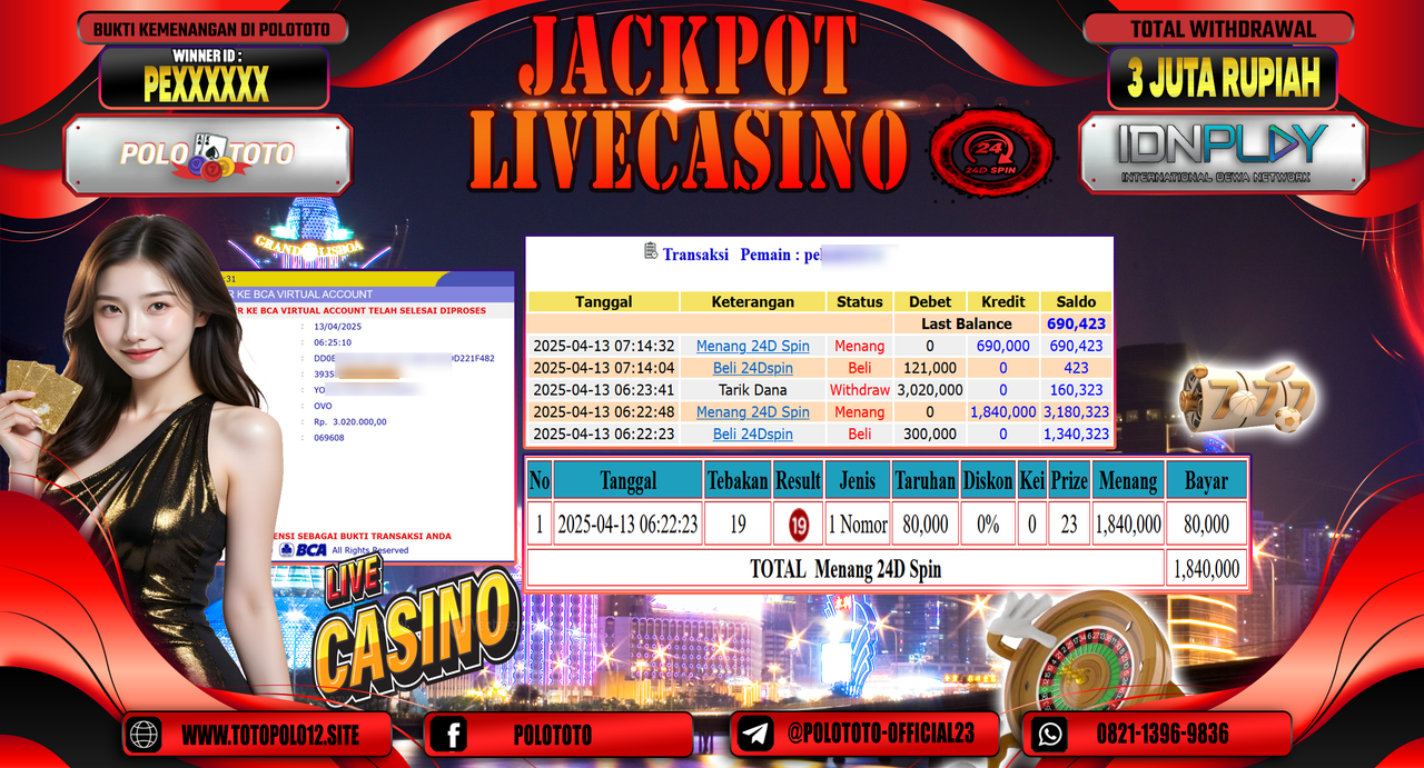 POLOTOTO JACKPOT LIVE CASINO 24D SPIN Rp.3.020.000,-