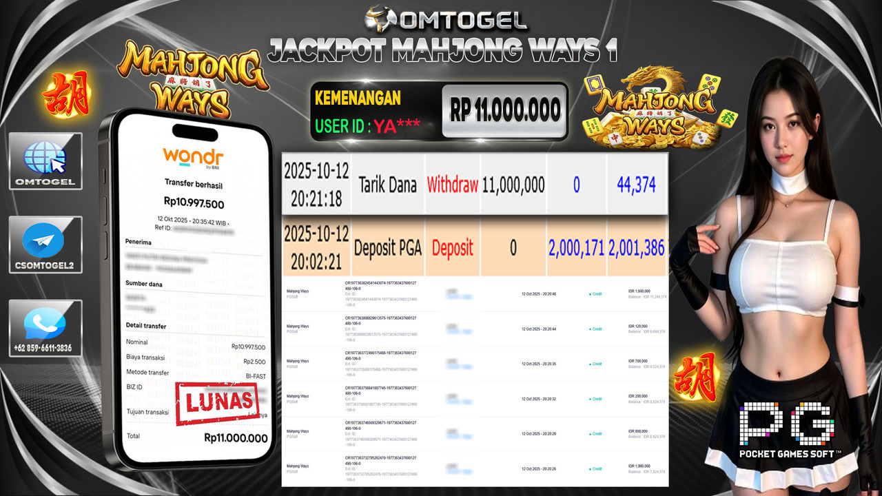 OMTOGEL JACKPOT PGSOFT MAHJONG WAYS 11 JUTA DI BAYAR LUNAS ,-