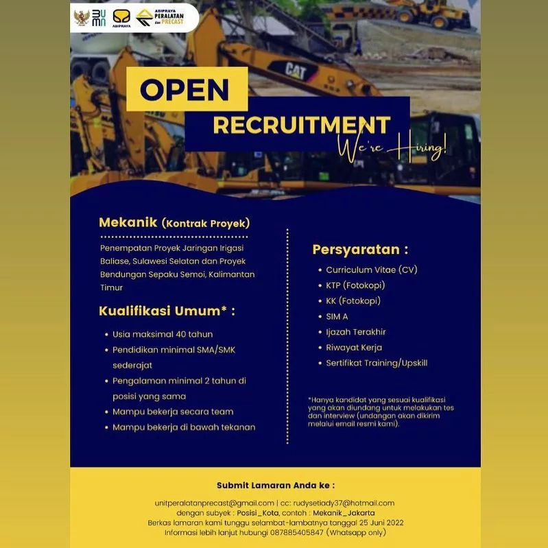 Lowongan kerja BUMN, posisi Mekanik di PT Brantas Abipraya.