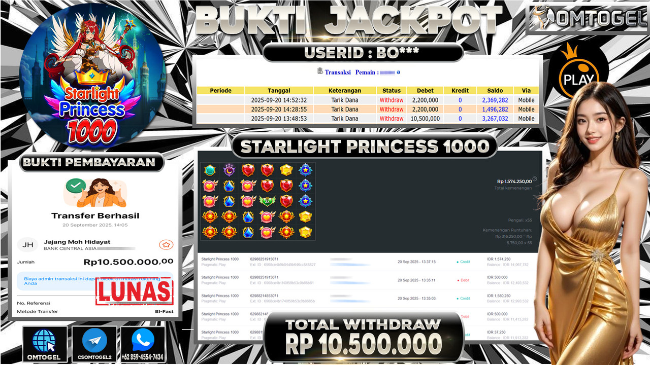 OMTOGEL JACKPOT PRAGMATIC PLAY STARLIGHT PRINCESS 1000 10 JUTA DI BAYAR LUNAS ,-