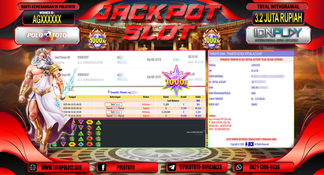 POLOTOTO JACKPOT SLOT GATES OF OLYMPUS 1000 Rp.3.200.000,-