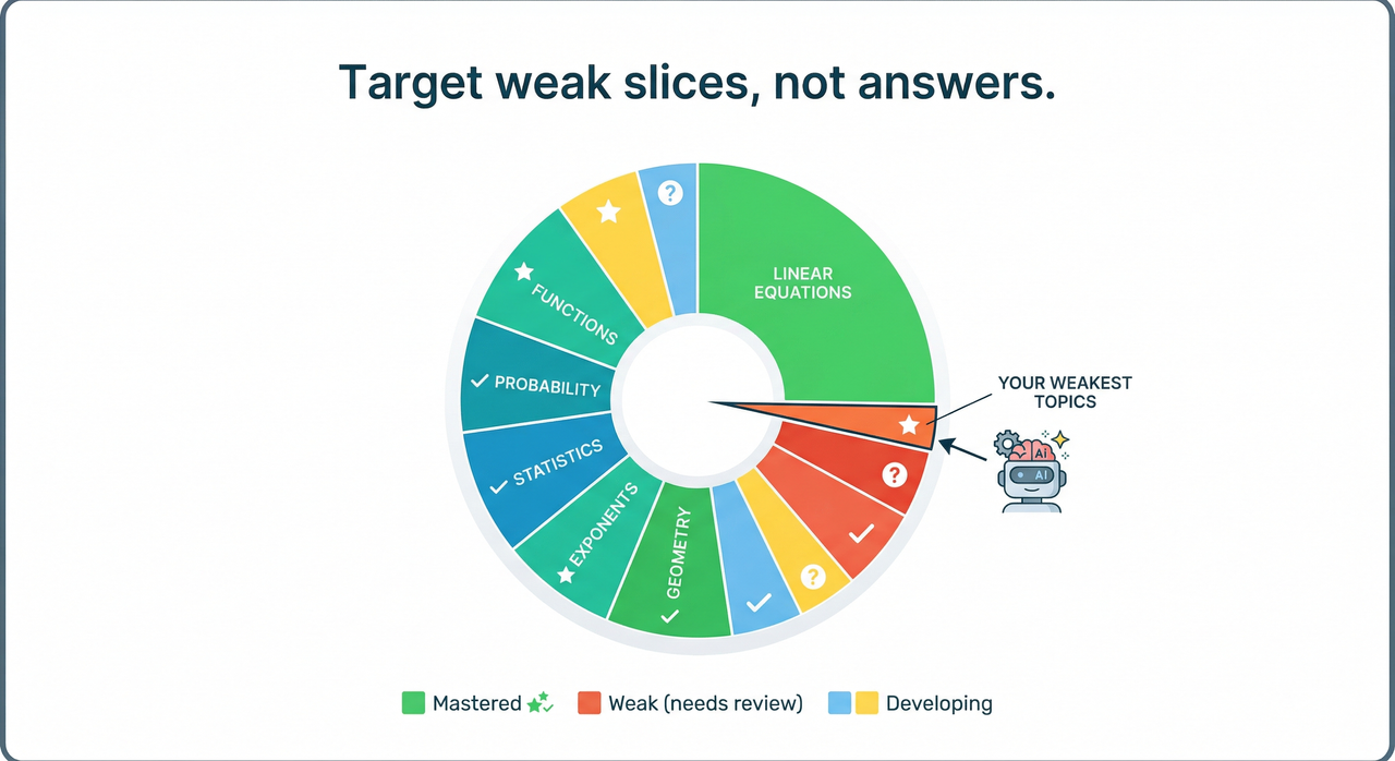 ALEKS knowledge space diagram showing weak topic slices targeted by AI tutor