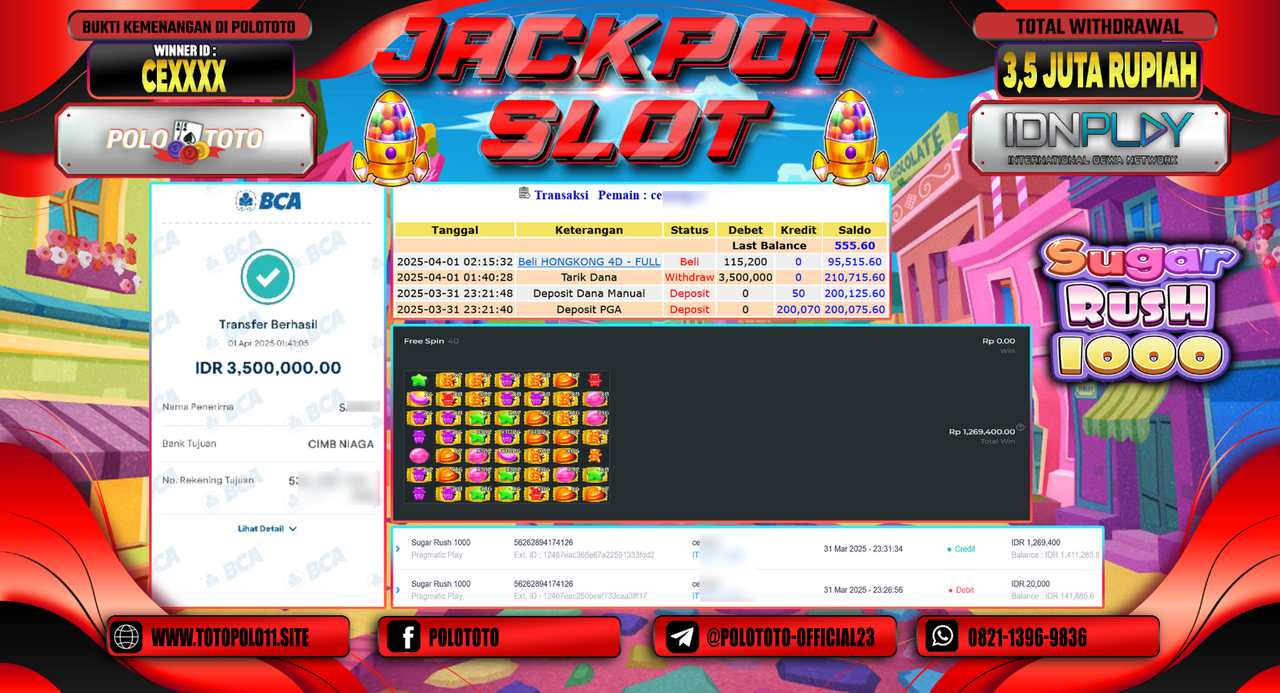 POLOTOTO JACKPOT SLOT SUGAR RUSH 1000  Rp.3.500.000,-