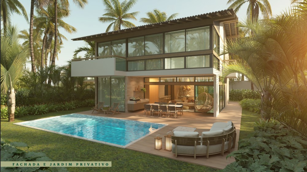 Fachada da casa com jardim privativo e paisagismo tropical